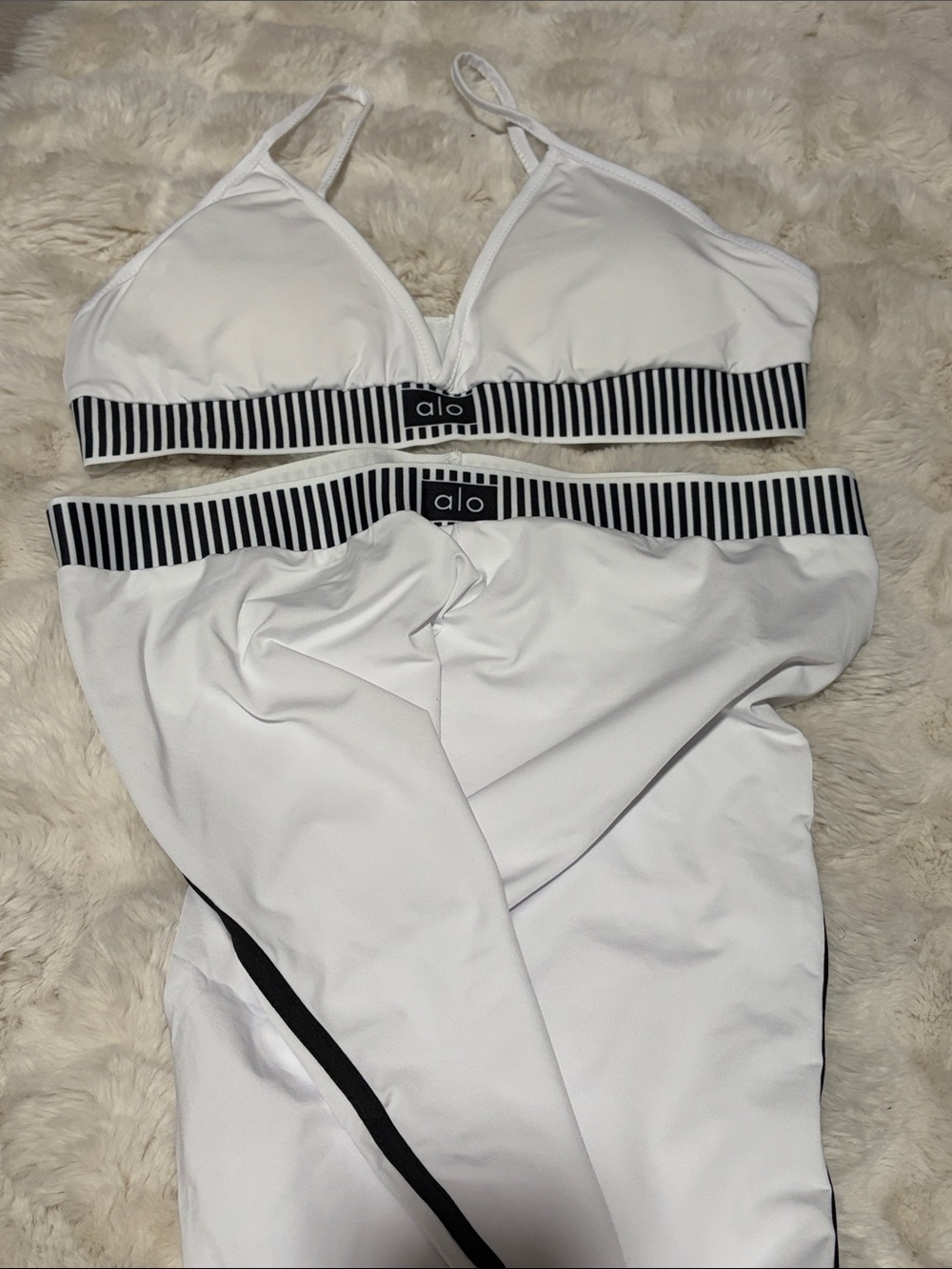 ALO Yoga White Bralette & Legging Set with Black Striped Bands